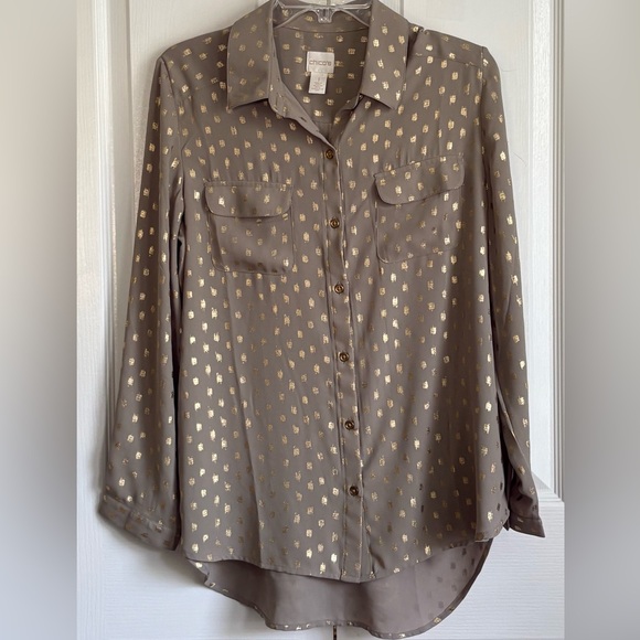 CHICOS WOMENS BLOUSE, OLIVE GREEN AND GOLD, size CHICOS 1 - Picture 2 of 9